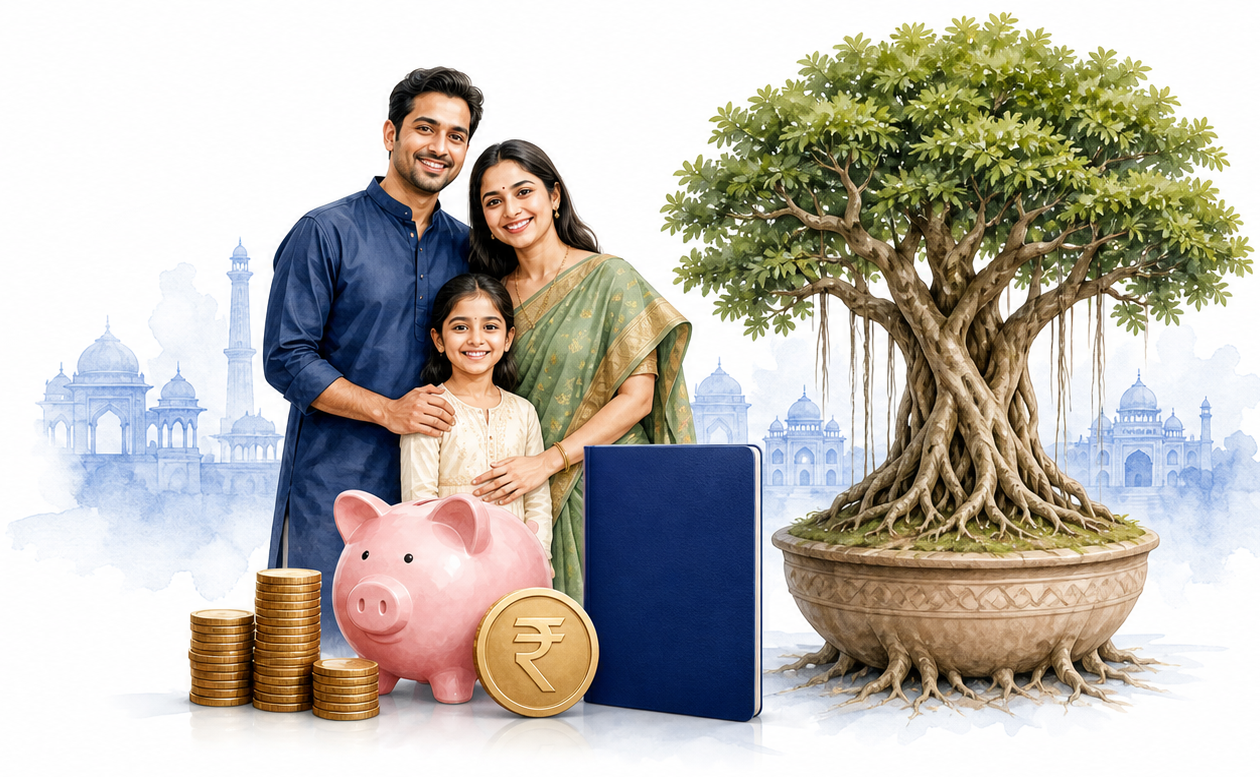 Indian family saving with a plain passbook, piggy bank, coins and a mature banyan tree